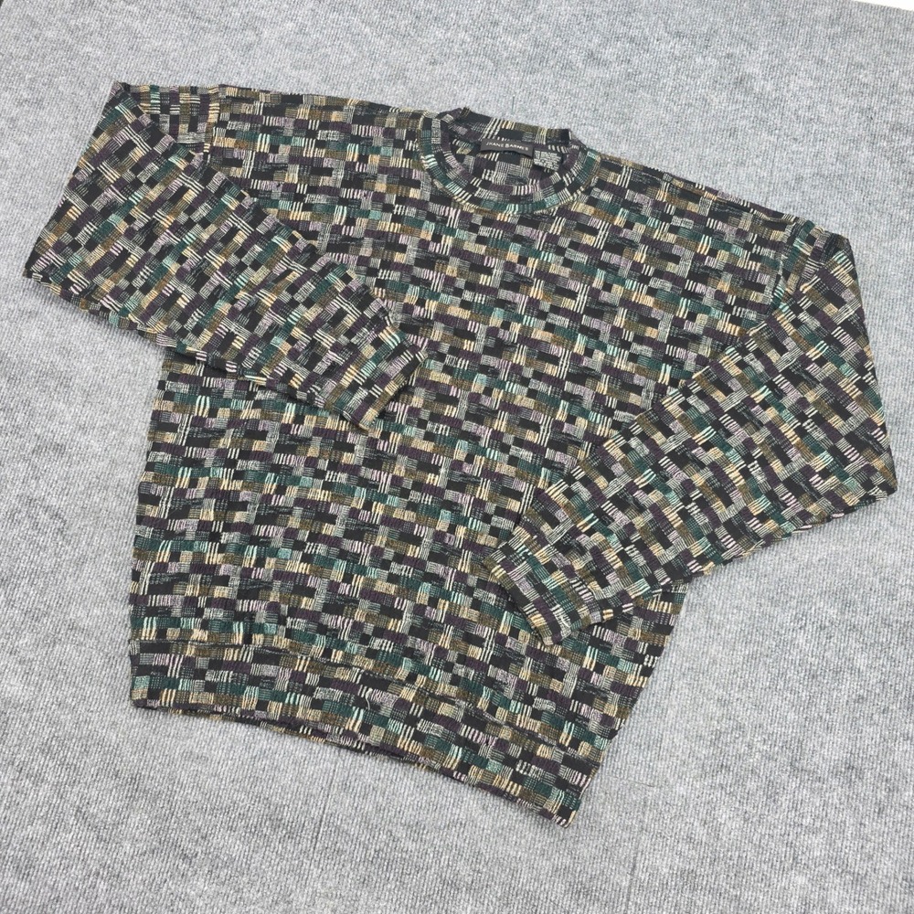 Jhane Barnes Mens Wool Blend Geometric Grid Sweater Multicolor Vintage Large